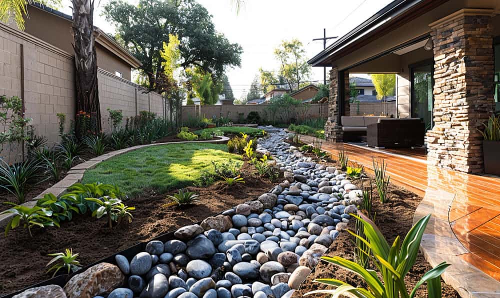 Aménagement d'un jardin biophilique moderne avec une rivière de galets secs longeant une terrasse en bois